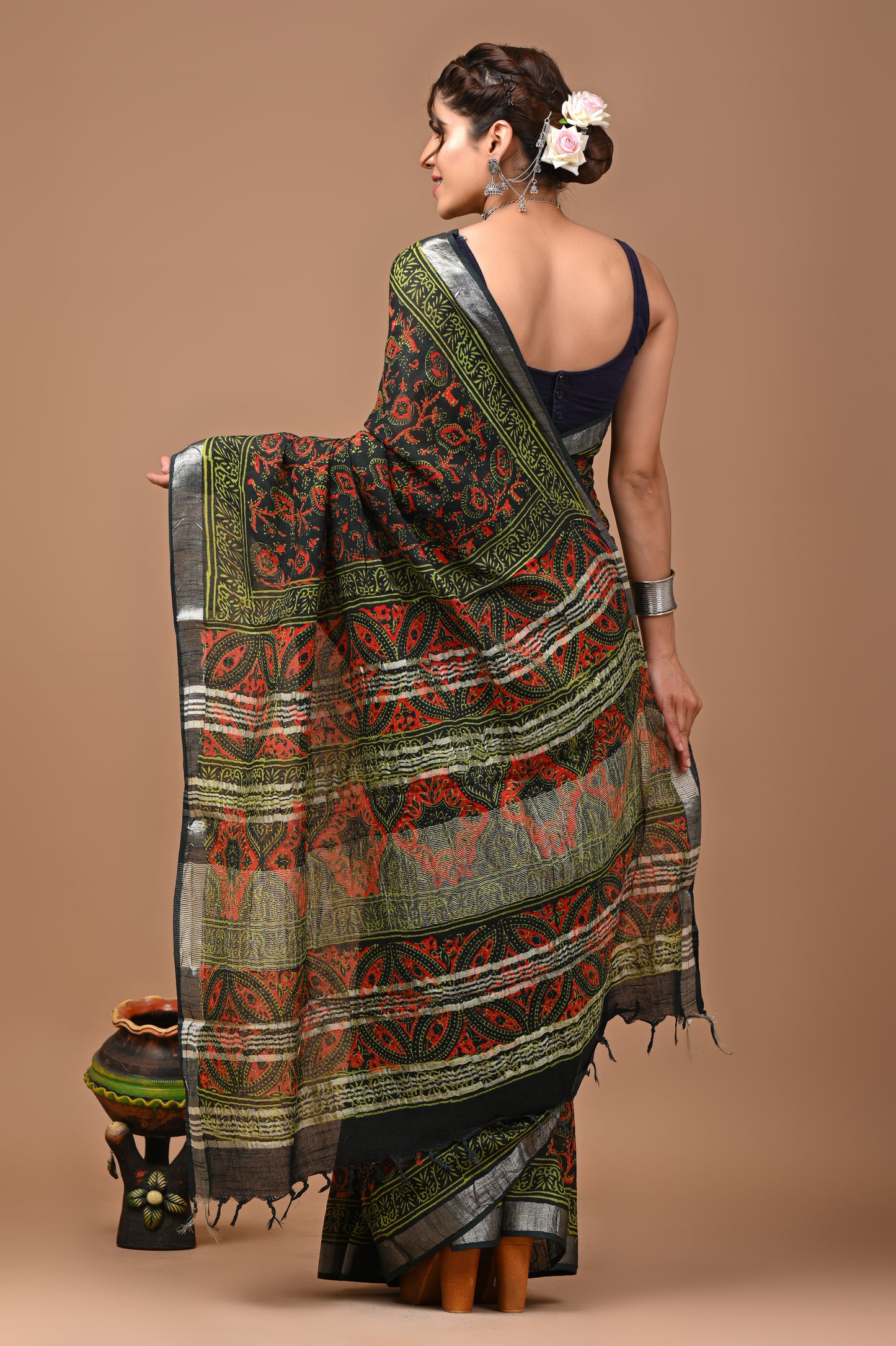 Block Printed Cotton linen Saree With Unstiched Blouse