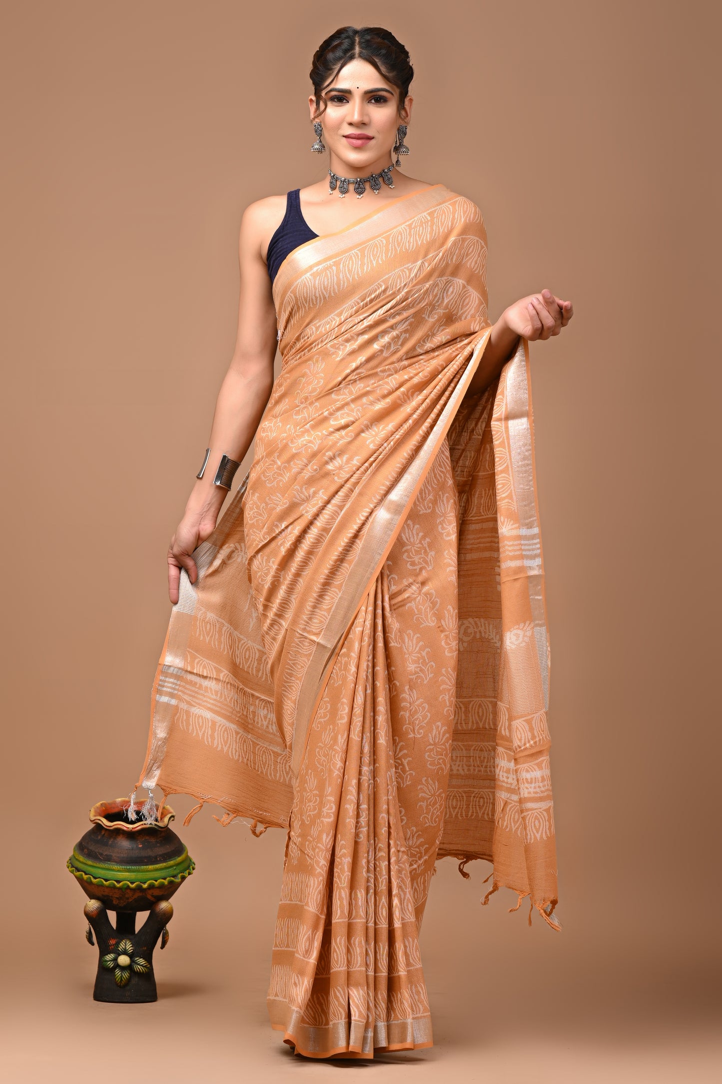 Block Printed Cotton linen Saree With Unstiched Blouse