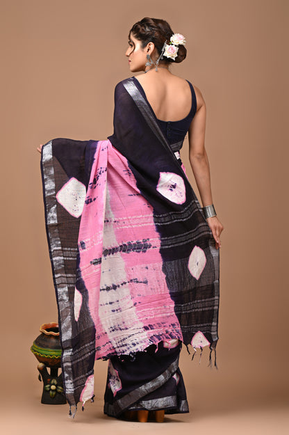 Block Printed Cotton linen Saree With Unstiched Blouse