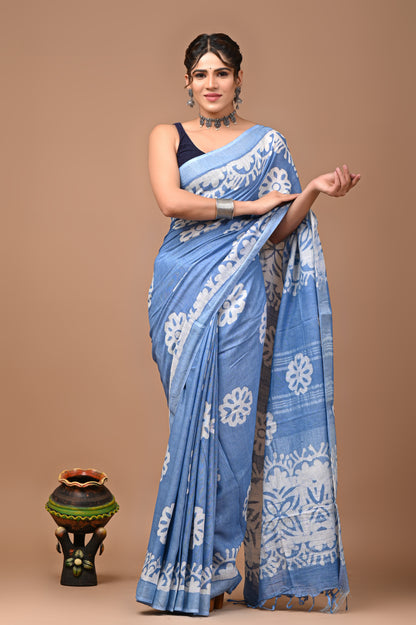 Block Printed Cotton linen Saree With Unstiched Blouse