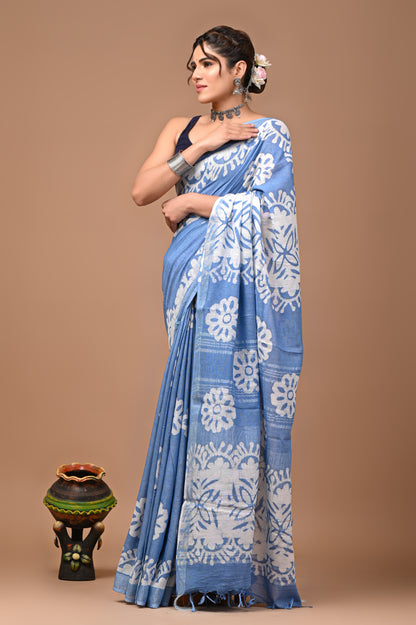 Block Printed Cotton linen Saree With Unstiched Blouse