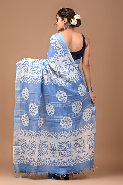 Block Printed Cotton linen Saree With Unstiched Blouse