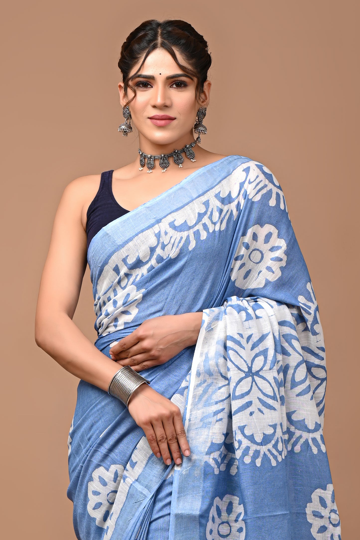 Block Printed Cotton linen Saree With Unstiched Blouse