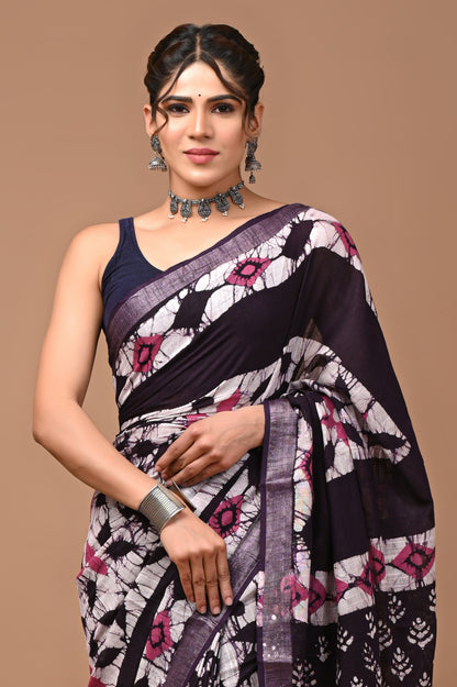 Block Printed Cotton linen Saree With Unstiched Blouse