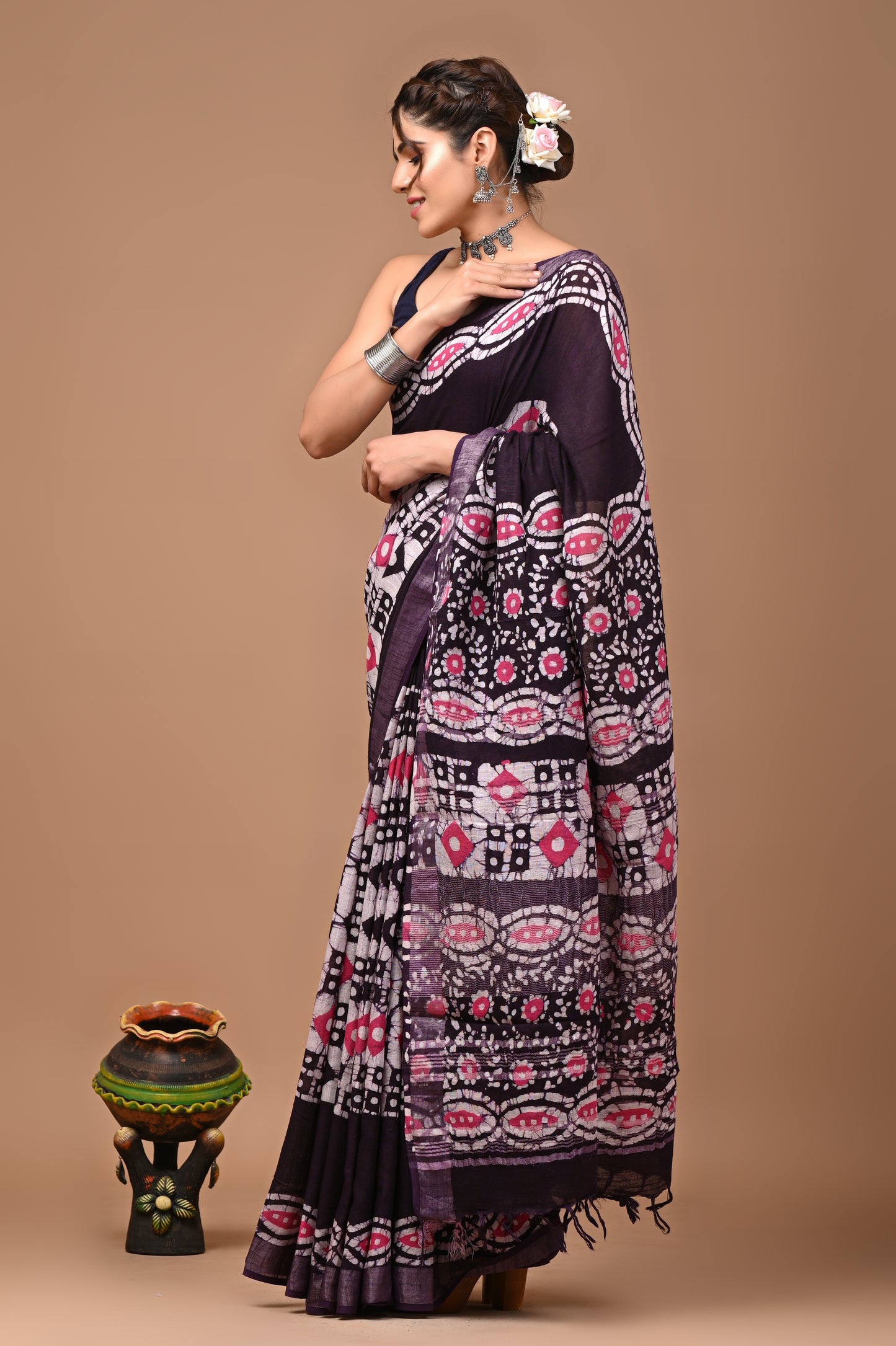 Block Printed Cotton linen Saree With Unstiched Blouse