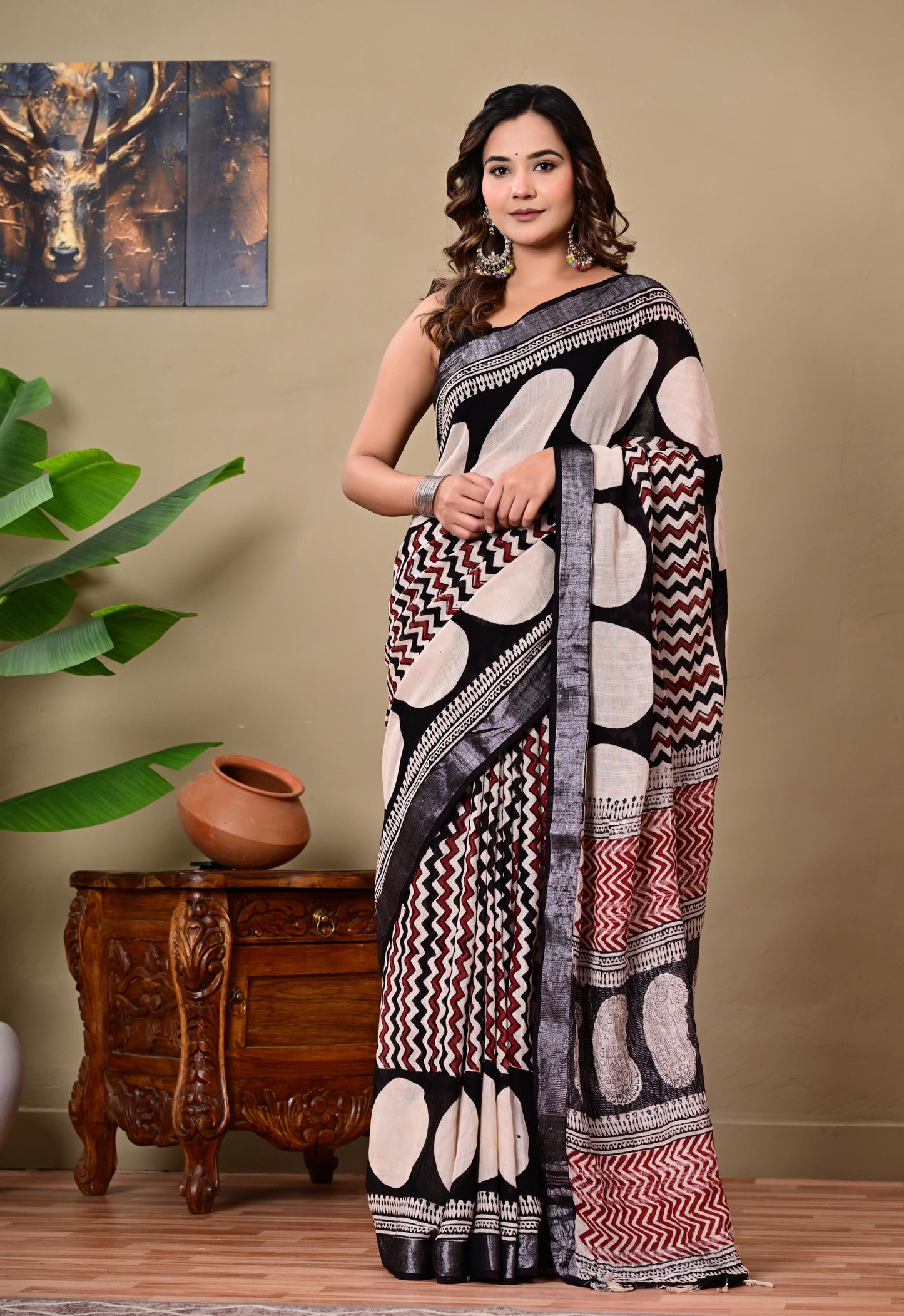 Block Printed Cotton linen Saree With Unstiched Blouse
