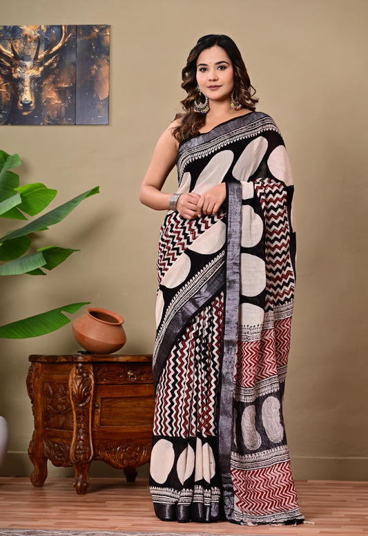 Block Printed Cotton linen Saree With Unstiched Blouse