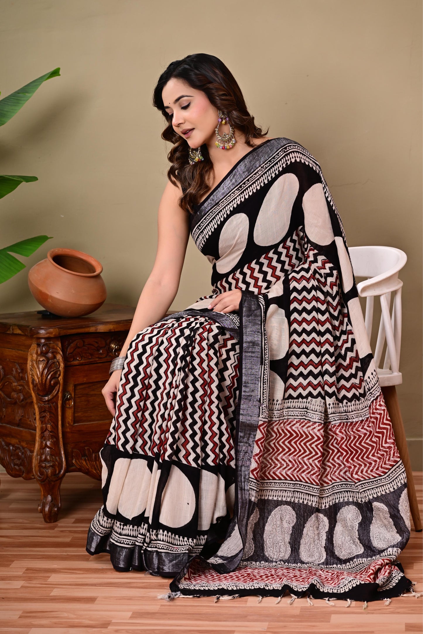Block Printed Cotton linen Saree With Unstiched Blouse