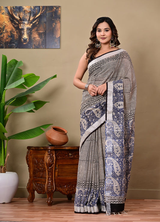 Block Printed Cotton linen Saree With Unstiched Blouse