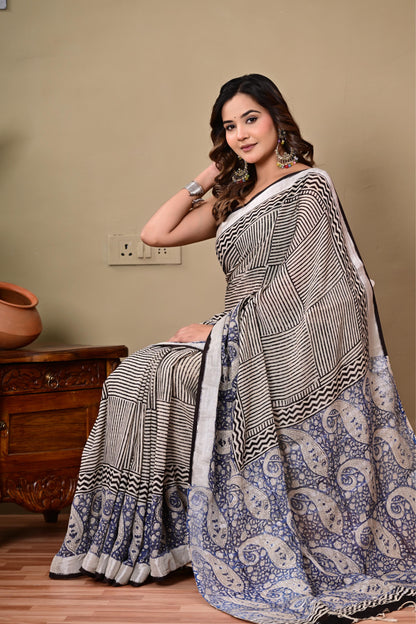 Block Printed Cotton linen Saree With Unstiched Blouse