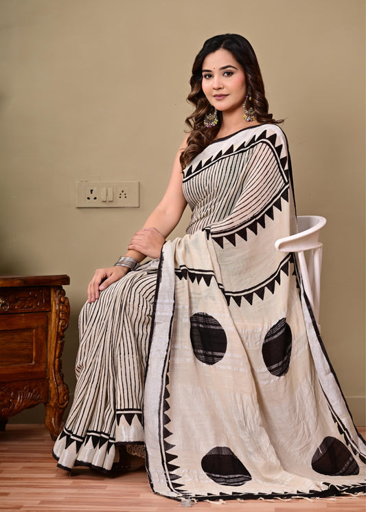 Block Printed Cotton linen Saree With Unstiched Blouse