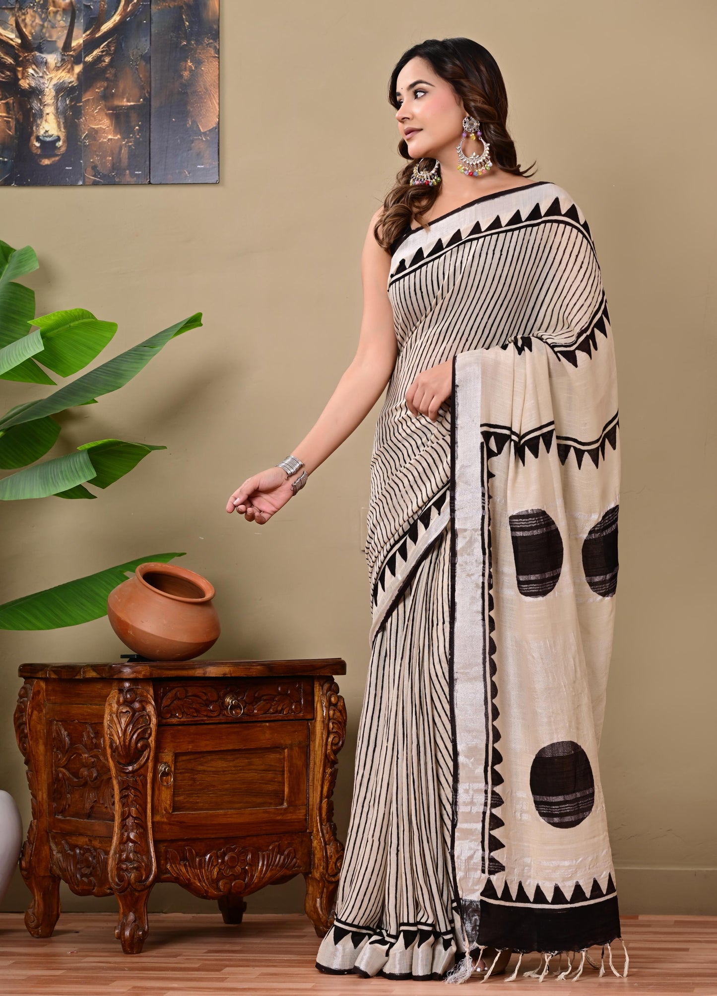 Block Printed Cotton linen Saree With Unstiched Blouse