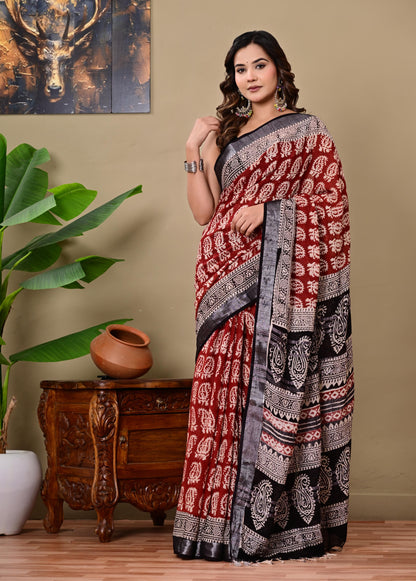 Block Printed Cotton linen Saree With Unstiched Blouse