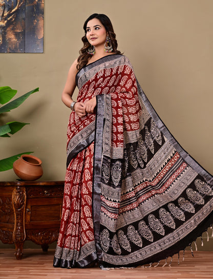 Block Printed Cotton linen Saree With Unstiched Blouse