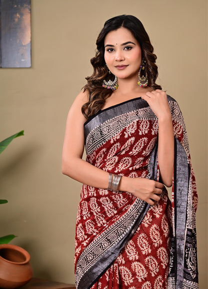 Block Printed Cotton linen Saree With Unstiched Blouse