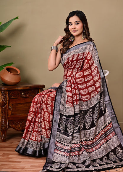 Block Printed Cotton linen Saree With Unstiched Blouse