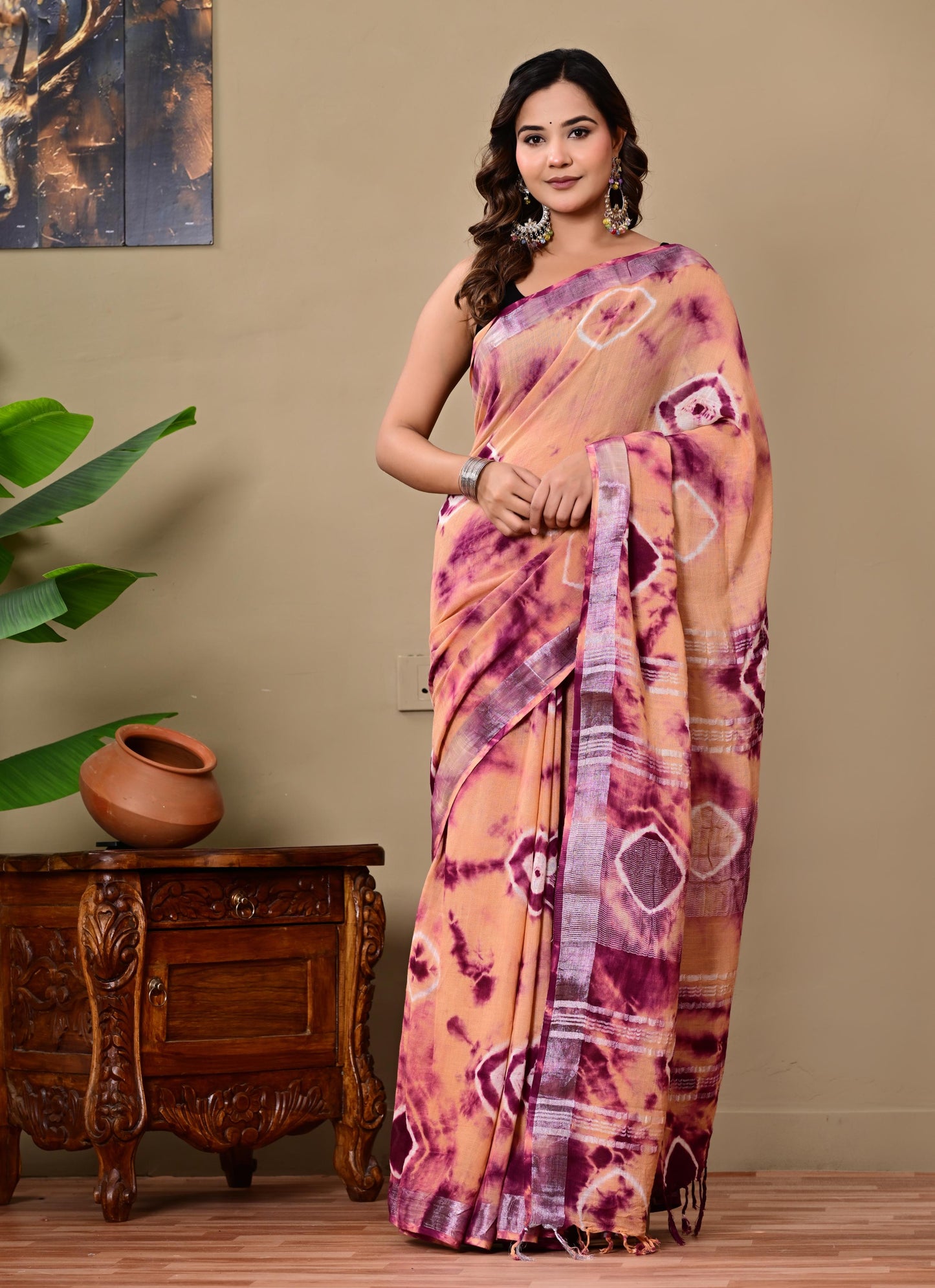 Block Printed Cotton linen Saree With Unstiched Blouse