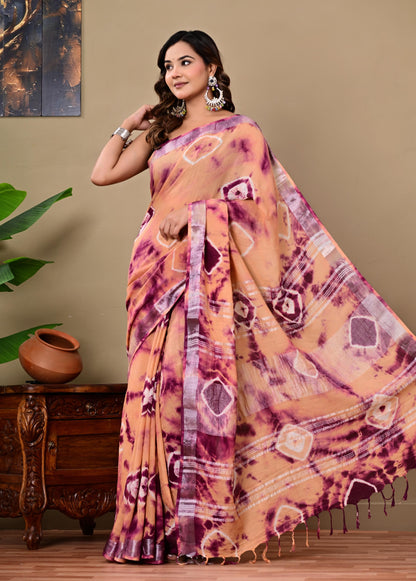 Block Printed Cotton linen Saree With Unstiched Blouse