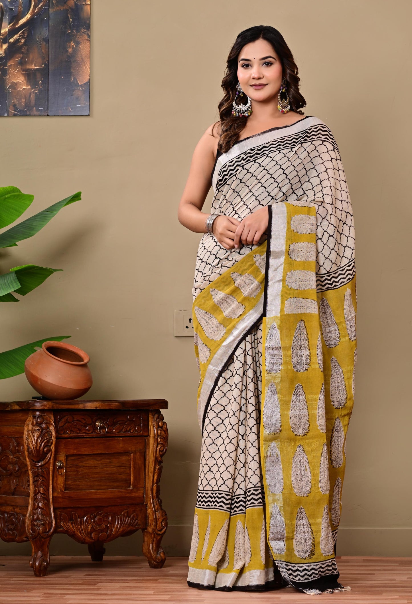 Block Printed Cotton linen Saree With Unstiched Blouse