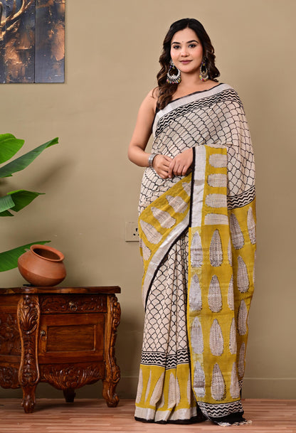 Block Printed Cotton linen Saree With Unstiched Blouse