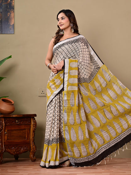 Block Printed Cotton linen Saree With Unstiched Blouse