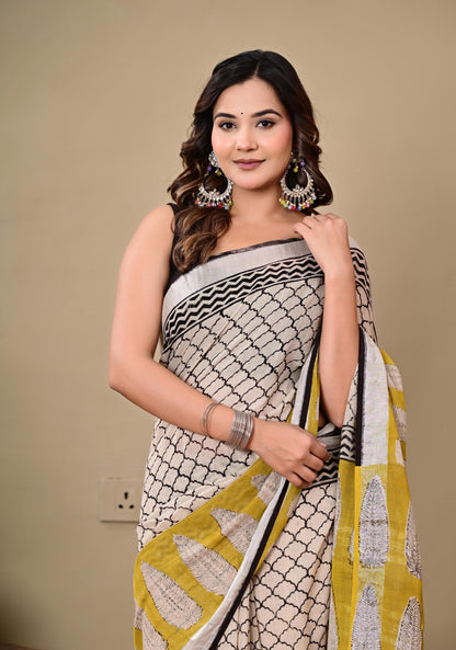Block Printed Cotton linen Saree With Unstiched Blouse