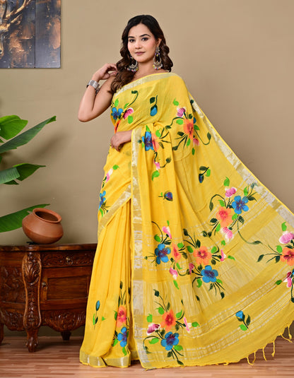 Block Printed Cotton linen Saree With Unstiched Blouse