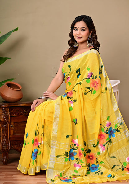 Block Printed Cotton linen Saree With Unstiched Blouse