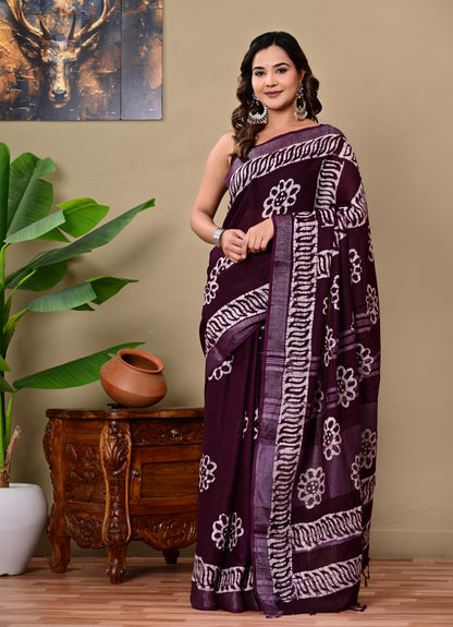 Block Printed Cotton linen Saree With Unstiched Blouse