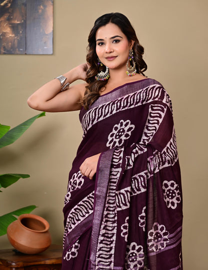 Block Printed Cotton linen Saree With Unstiched Blouse