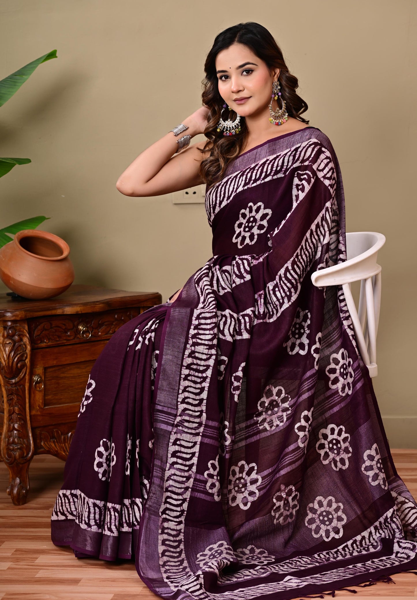 Block Printed Cotton linen Saree With Unstiched Blouse