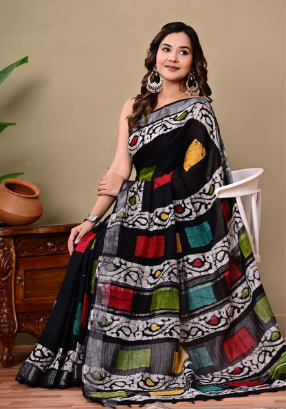 Block Printed Cotton linen Saree With Unstiched Blouse