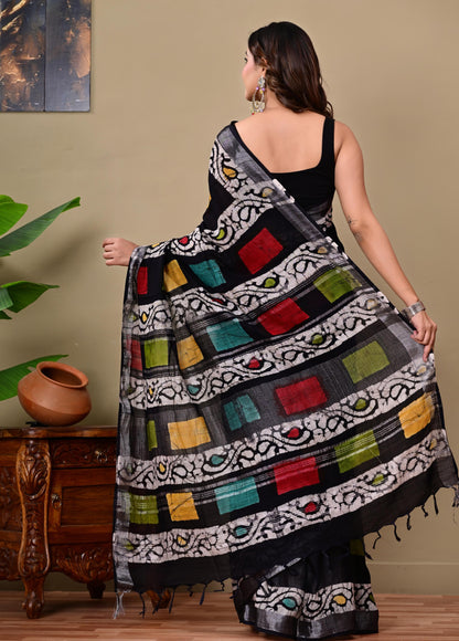 Block Printed Cotton linen Saree With Unstiched Blouse