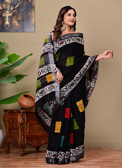 Block Printed Cotton linen Saree With Unstiched Blouse