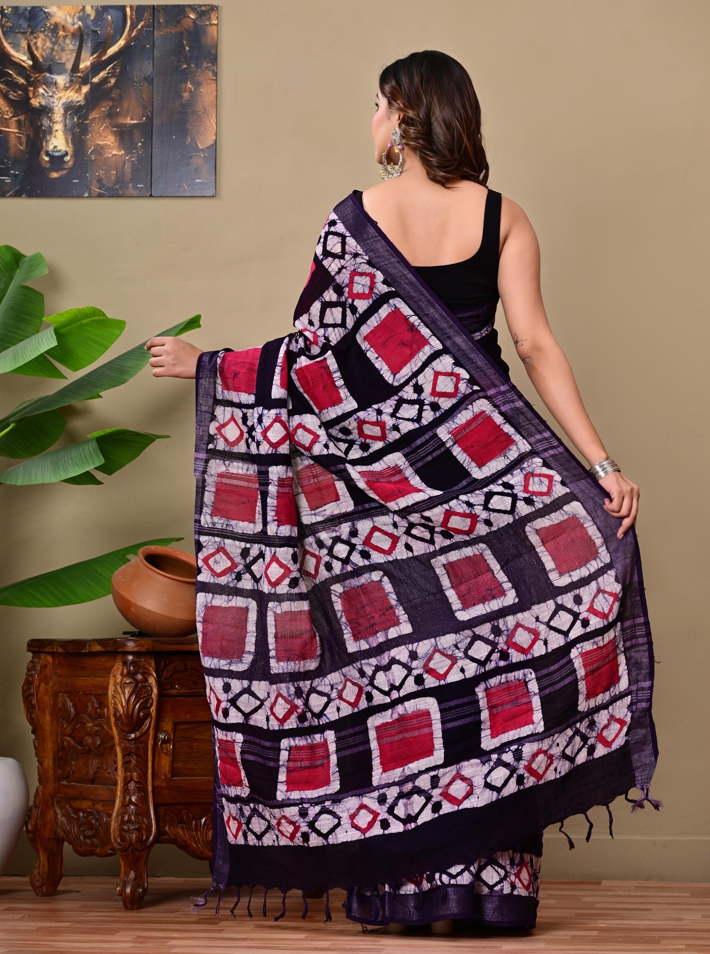 Block Printed Cotton linen Saree With Unstiched Blouse