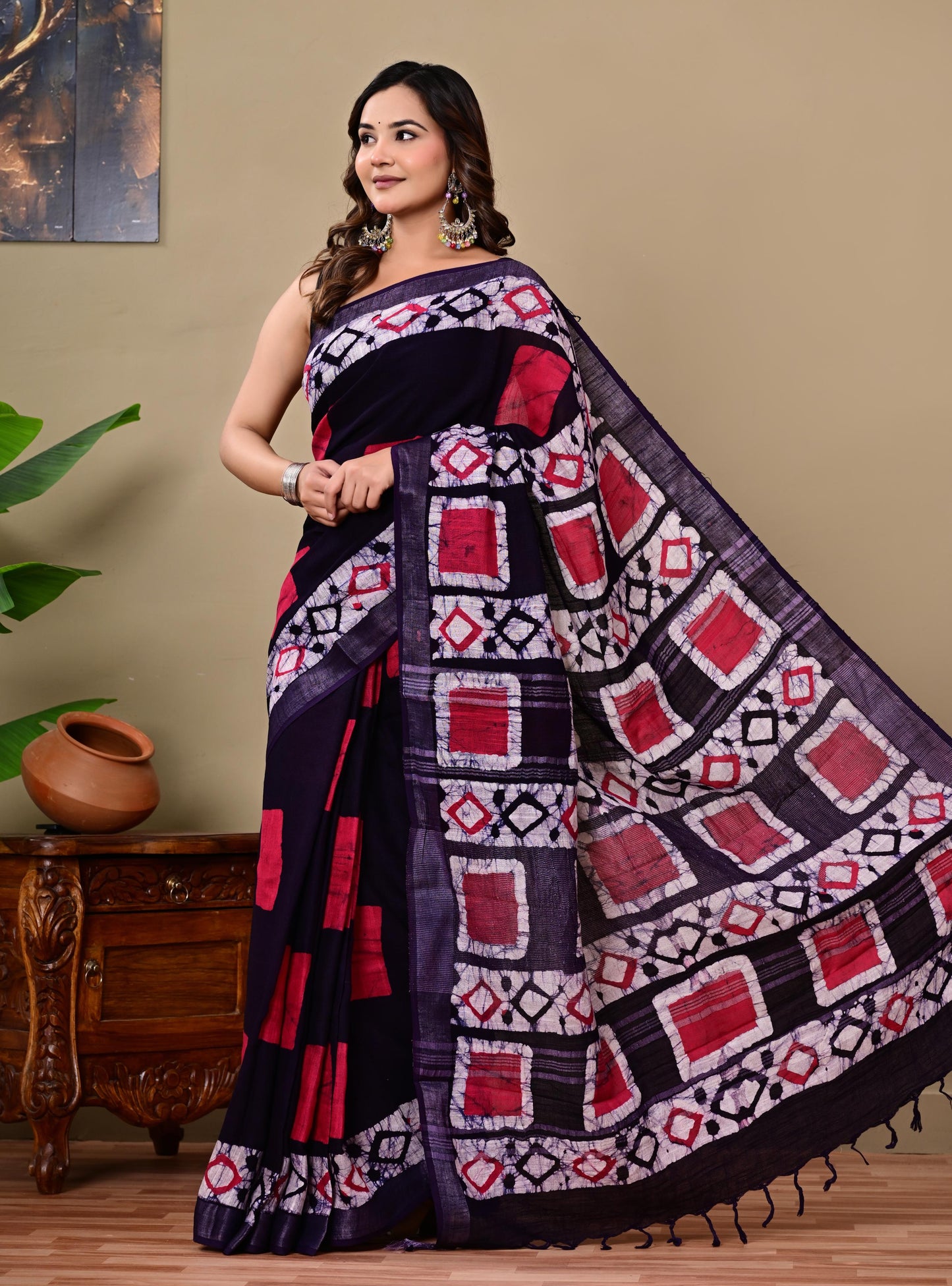 Block Printed Cotton linen Saree With Unstiched Blouse