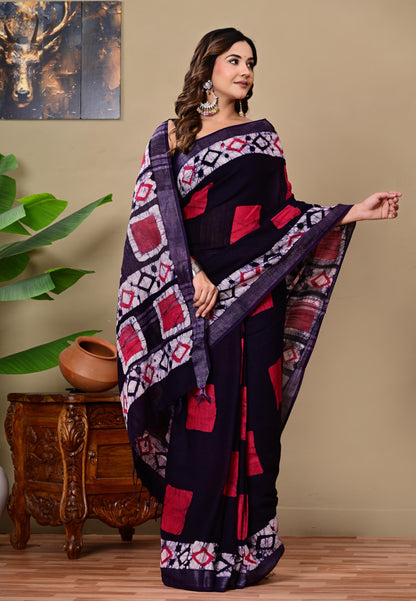 Block Printed Cotton linen Saree With Unstiched Blouse