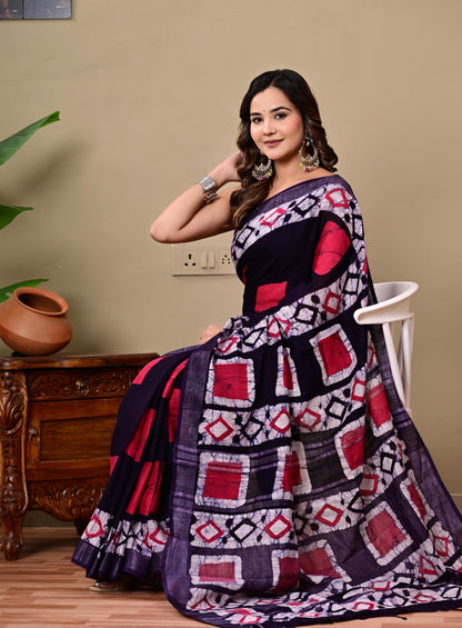 Block Printed Cotton linen Saree With Unstiched Blouse