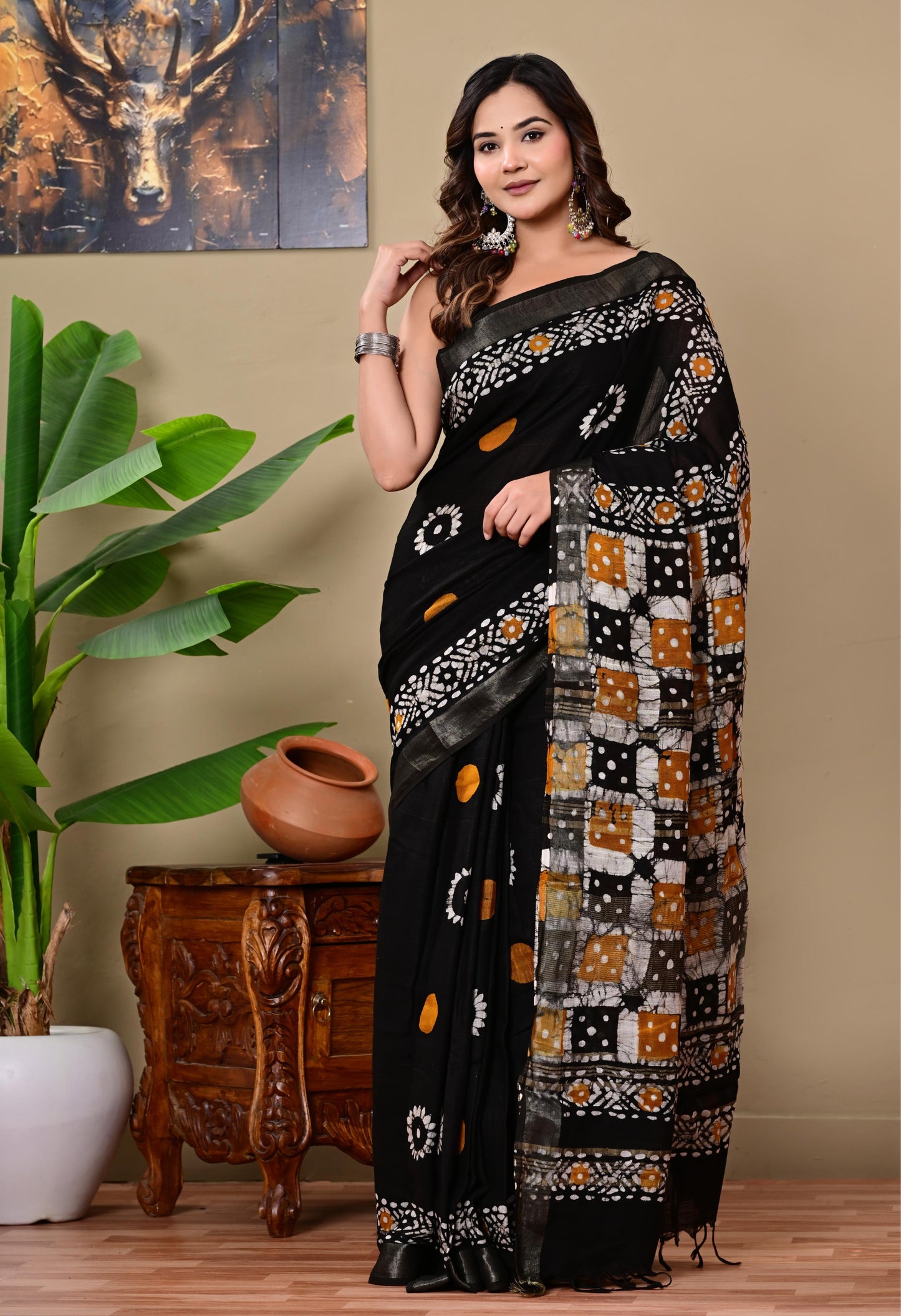 Block Printed Cotton linen Saree With Unstiched Blouse