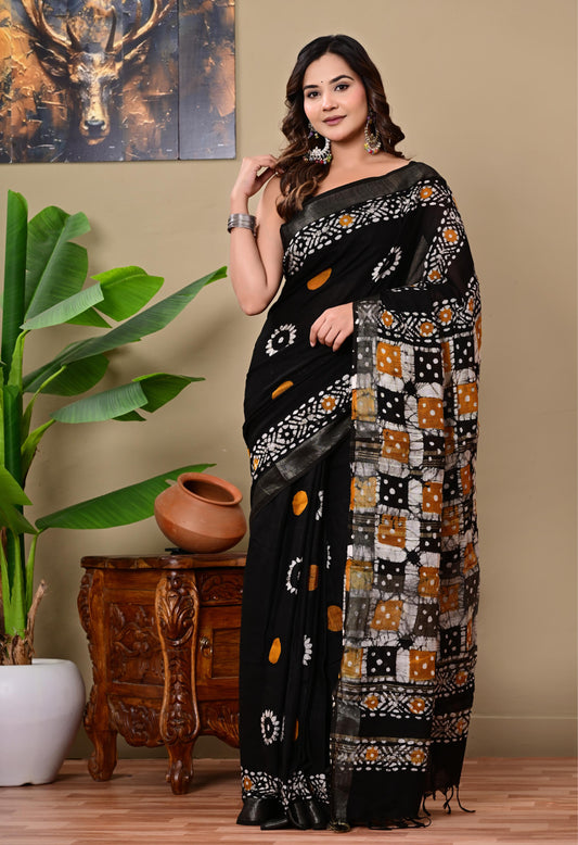 Block Printed Cotton linen Saree With Unstiched Blouse