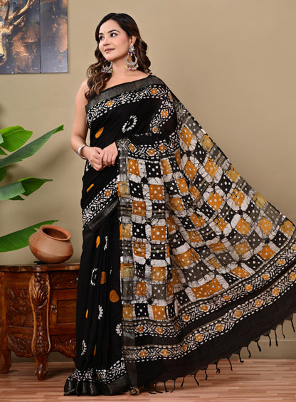Block Printed Cotton linen Saree With Unstiched Blouse