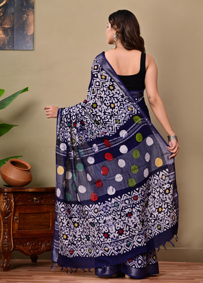 Block Printed Cotton linen Saree With Unstiched Blouse