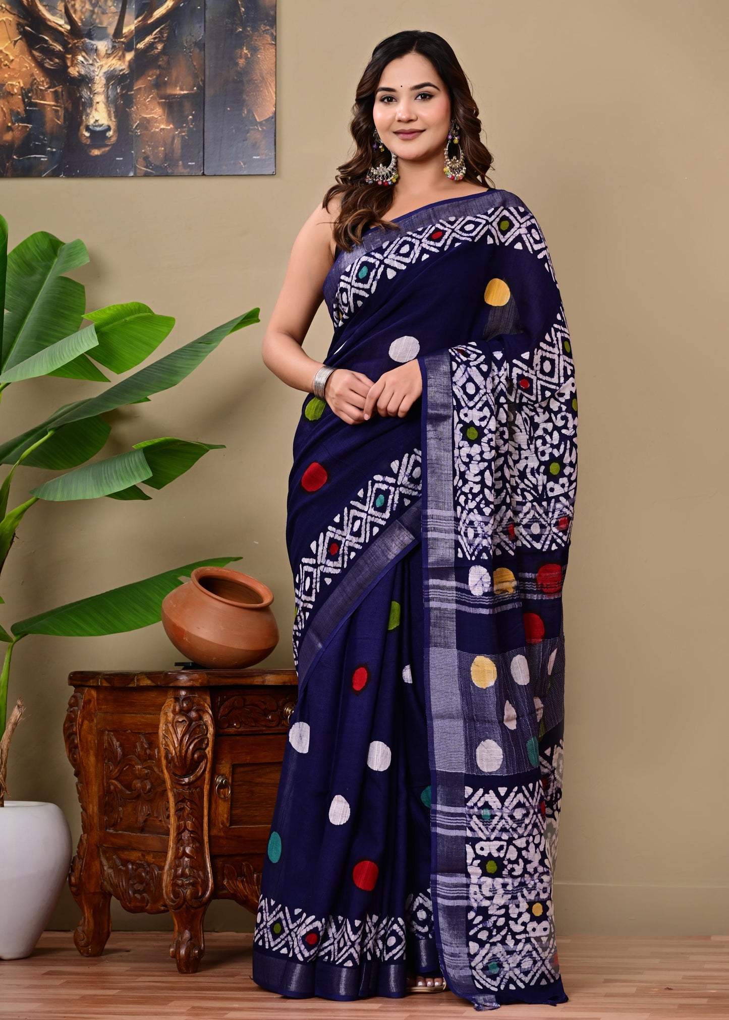 Block Printed Cotton linen Saree With Unstiched Blouse