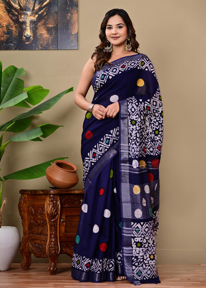 Block Printed Cotton linen Saree With Unstiched Blouse