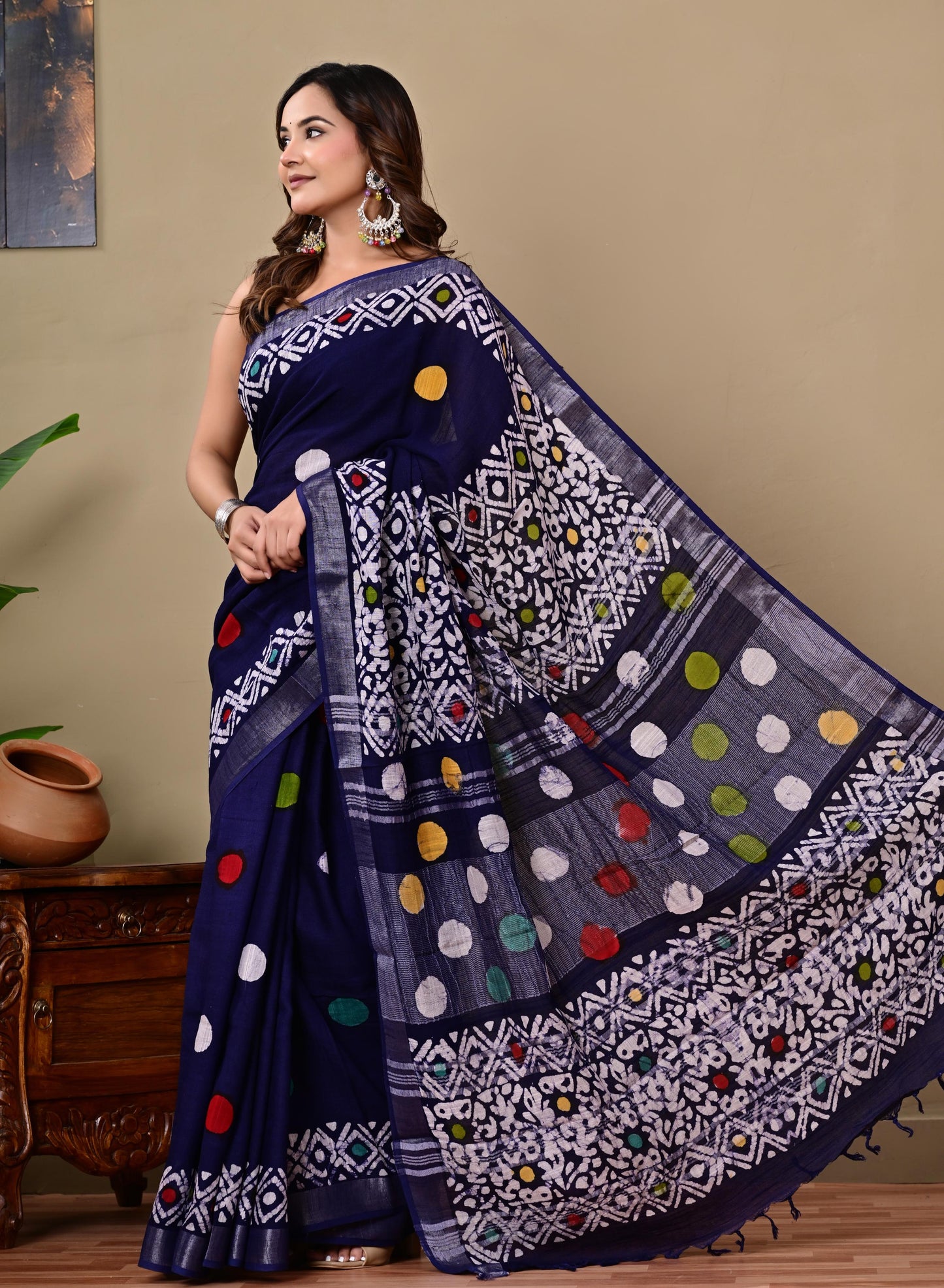 Block Printed Cotton linen Saree With Unstiched Blouse
