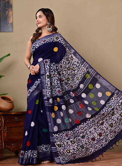 Block Printed Cotton linen Saree With Unstiched Blouse