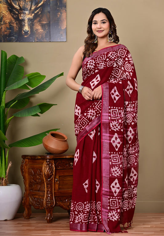 Block Printed Cotton linen Saree With Unstiched Blouse