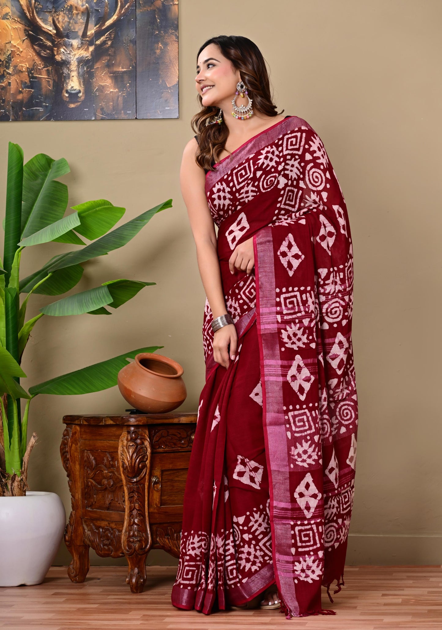 Block Printed Cotton linen Saree With Unstiched Blouse