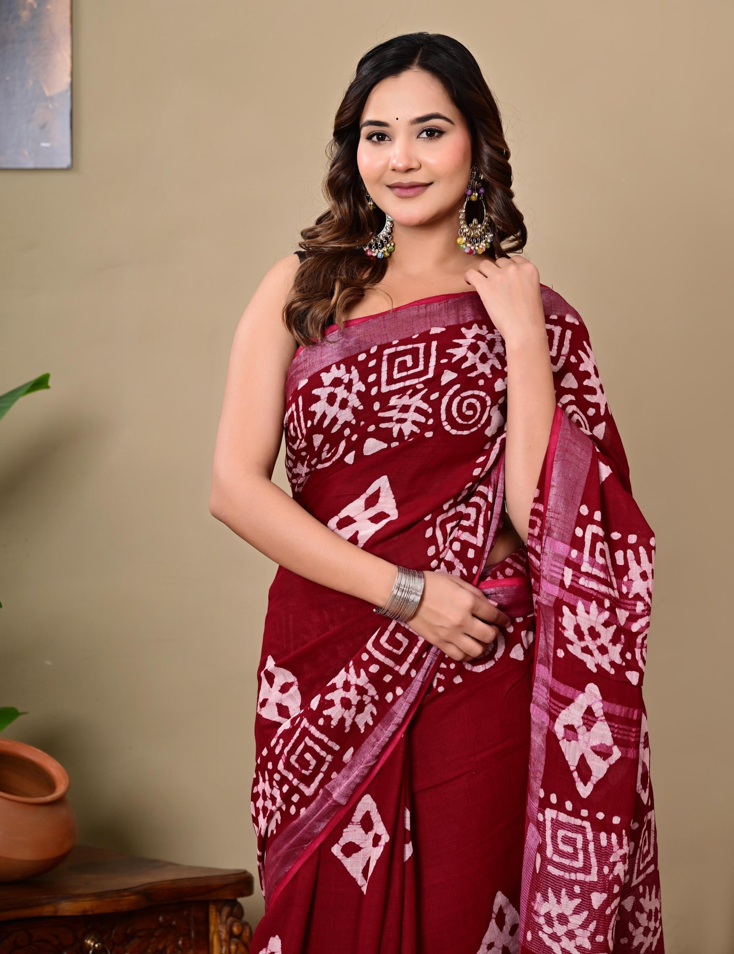 Block Printed Cotton linen Saree With Unstiched Blouse