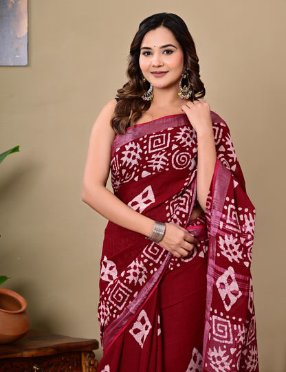 Block Printed Cotton linen Saree With Unstiched Blouse